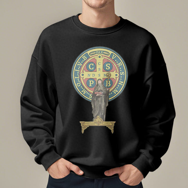 Christianartworkshop Classic Colored Style St. Benedict Medal Statue Fleece Lined Polyester Sweatshirt