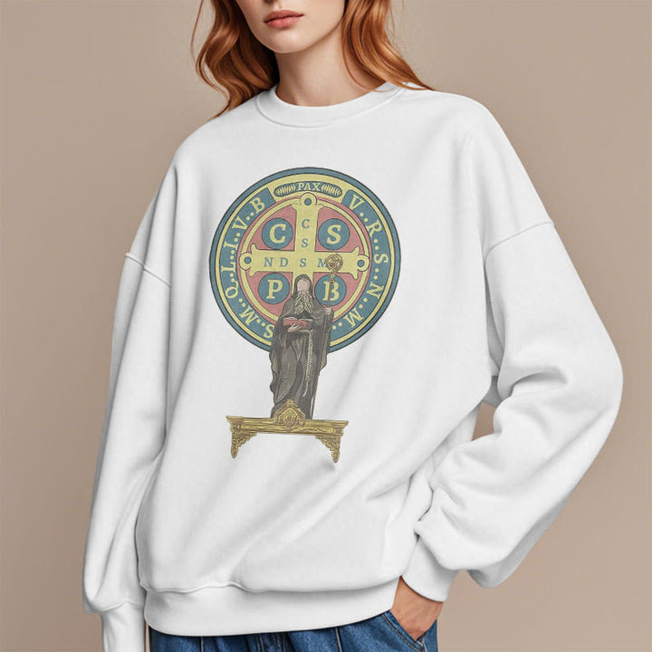 Christianartworkshop Classic Colored Style St. Benedict Medal Statue Fleece Lined Polyester Sweatshirt