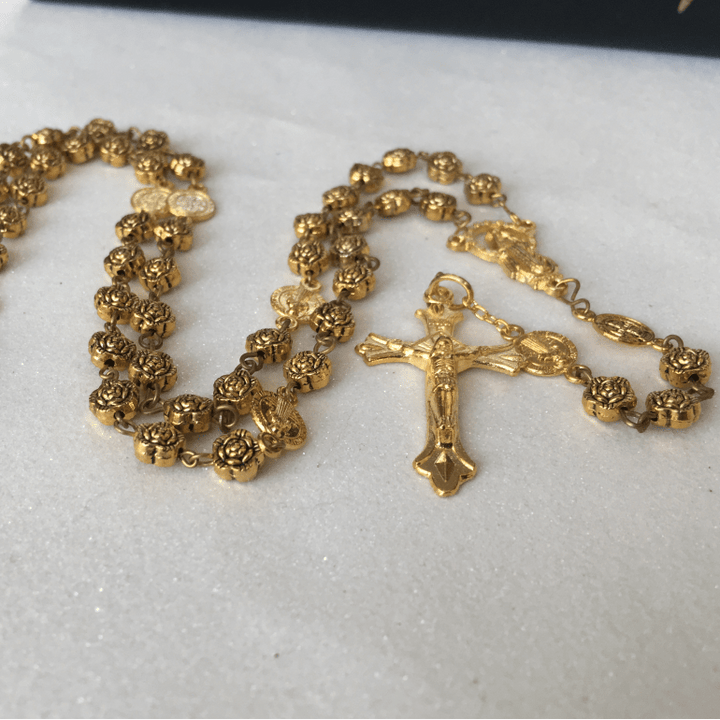 Christianartworkshop Virgin Mary & Crucifix of 6 mm Rose Retro Gold Copper Alloy Chain Rosary