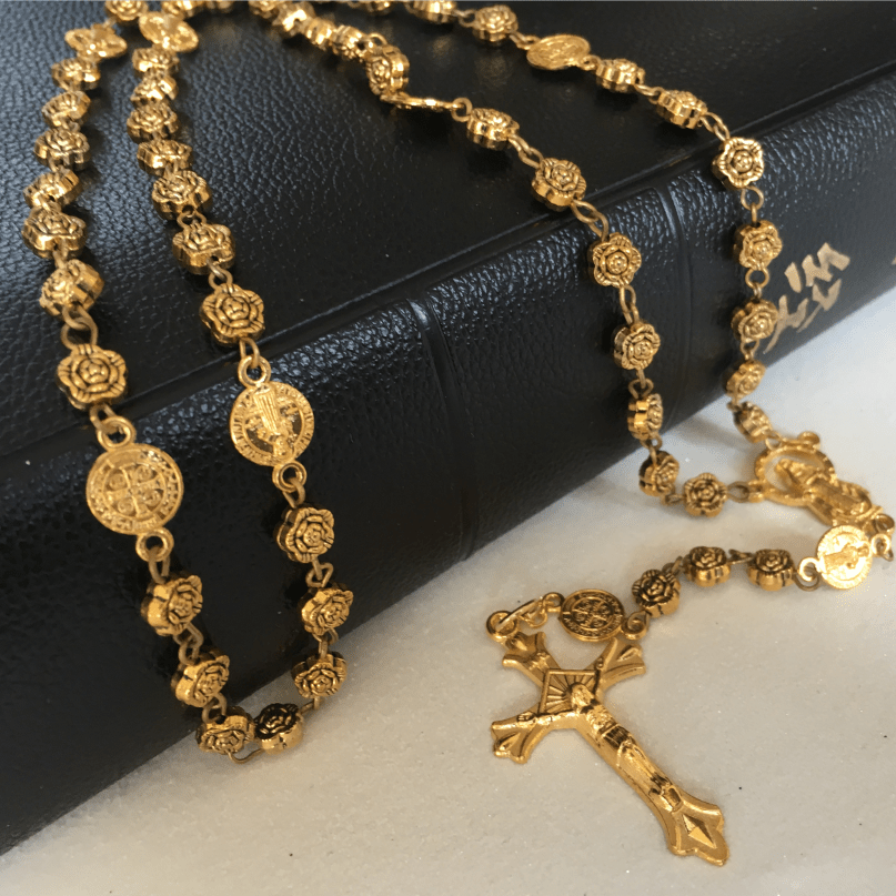 Christianartworkshop Virgin Mary & Crucifix of 6 mm Rose Retro Gold Copper Alloy Chain Rosary