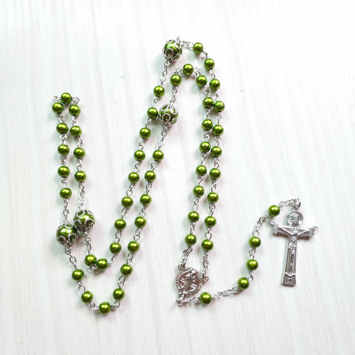 Christianartworkshop St. Benedict Medal & Crucifix of 6 mm Round Green Acrylic Alloy Chain Rosary