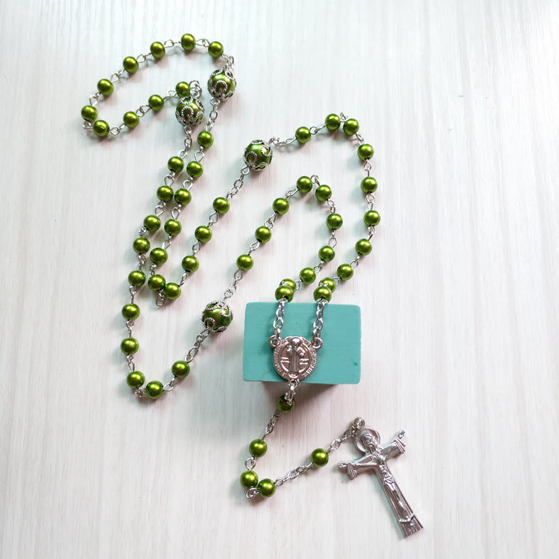 Christianartworkshop St. Benedict Medal & Crucifix of 6 mm Round Green Acrylic Alloy Chain Rosary