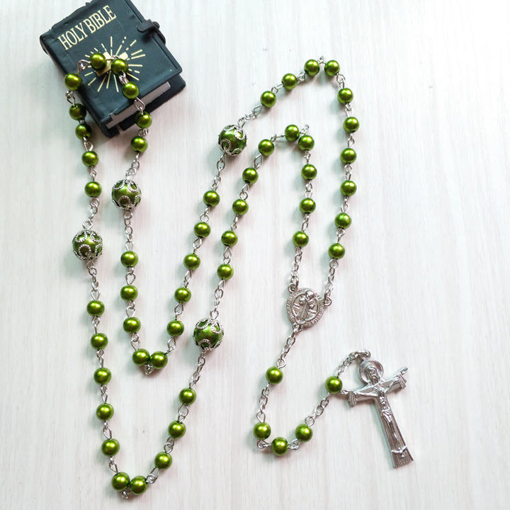 Christianartworkshop St. Benedict Medal & Crucifix of 6 mm Round Green Acrylic Alloy Chain Rosary