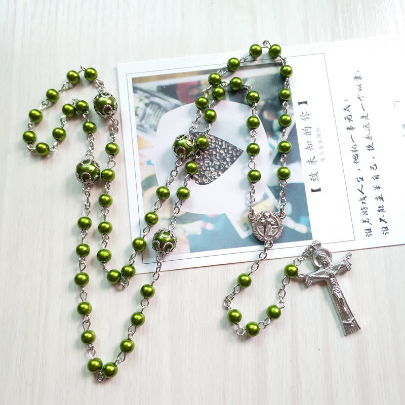 Christianartworkshop St. Benedict Medal & Crucifix of 6 mm Round Green Acrylic Alloy Chain Rosary