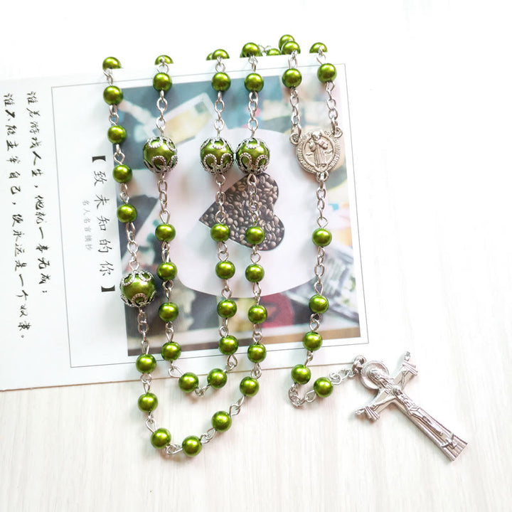 Christianartworkshop St. Benedict Medal & Crucifix of 6 mm Round Green Acrylic Alloy Chain Rosary