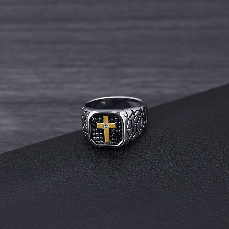 Christianartworkshop Classic Style Cracked Stone Pattern Cross Devine Faith Ring