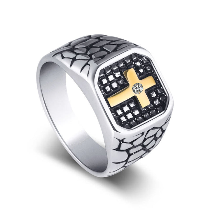 Christianartworkshop Classic Style Cracked Stone Pattern Cross Devine Faith Ring