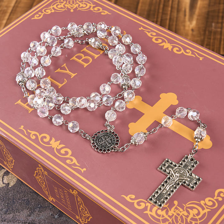 Christianartworkshop St. Benedict Medal & Crucifix of 8mm Polyhedron Clear Crystal Alloy Chain Rosary