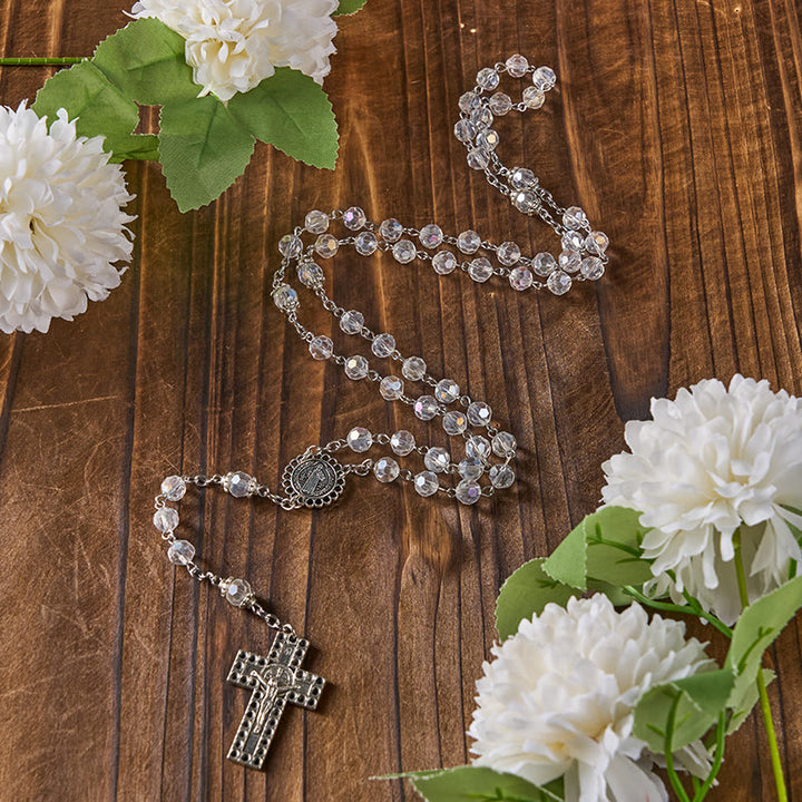 Christianartworkshop St. Benedict Medal & Crucifix of 8mm Polyhedron Clear Crystal Alloy Chain Rosary