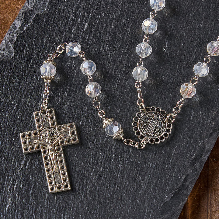 Christianartworkshop St. Benedict Medal & Crucifix of 8mm Polyhedron Clear Crystal Alloy Chain Rosary