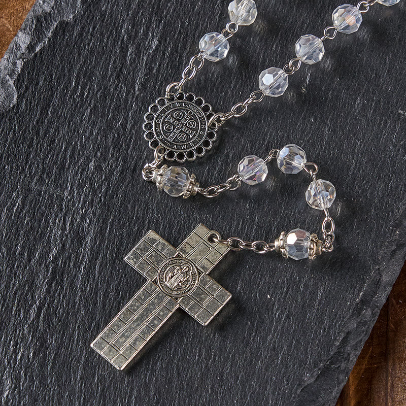 Christianartworkshop St. Benedict Medal & Crucifix of 8mm Polyhedron Clear Crystal Alloy Chain Rosary