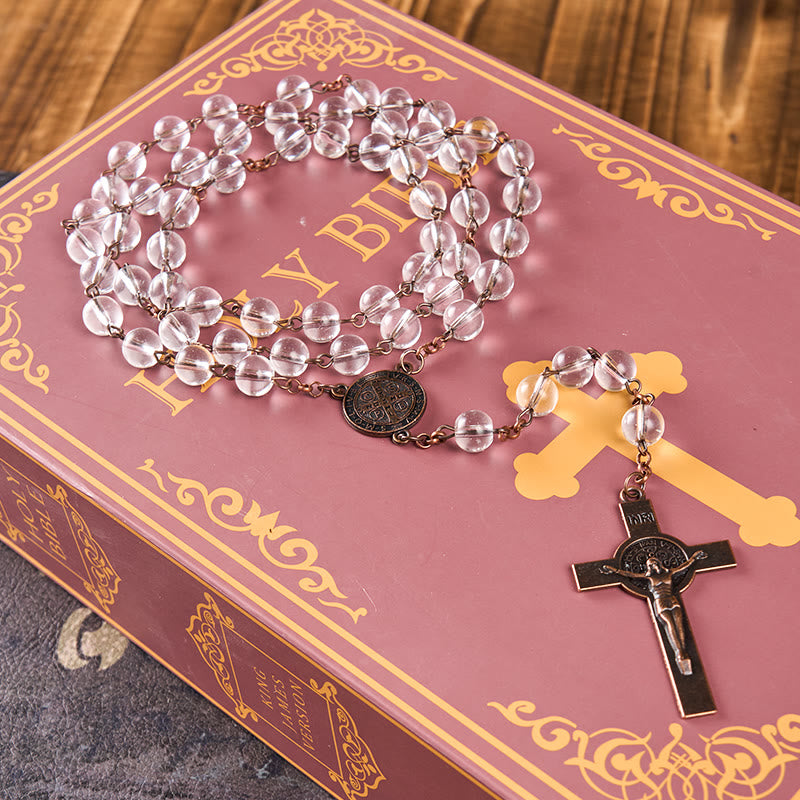 Christianartworkshop St. Benedict Medal & Crucifix of 8mm Round Clear Glass Alloy Chain Rosary