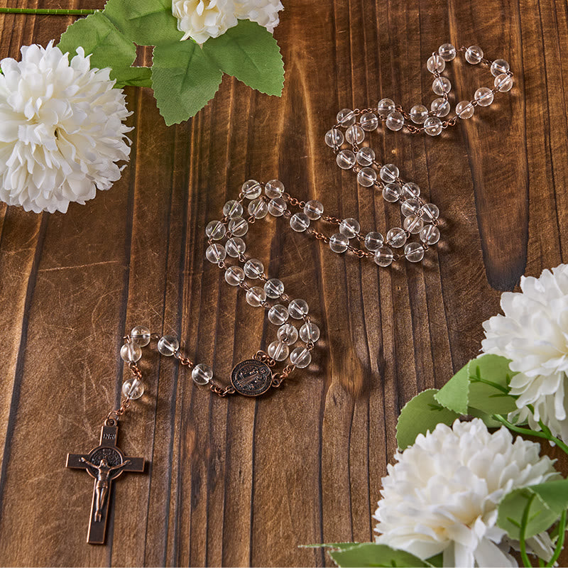 Christianartworkshop St. Benedict Medal & Crucifix of 8mm Round Clear Glass Alloy Chain Rosary