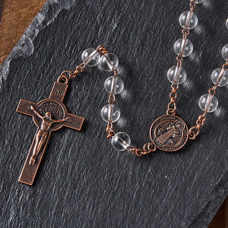 Christianartworkshop St. Benedict Medal & Crucifix of 8mm Round Clear Glass Alloy Chain Rosary