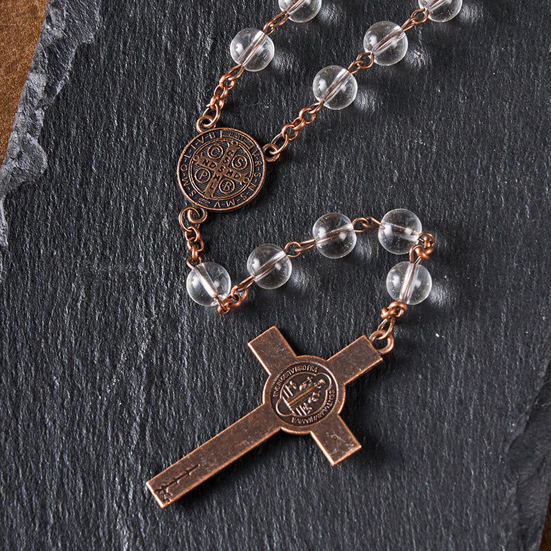 Christianartworkshop St. Benedict Medal & Crucifix of 8mm Round Clear Glass Alloy Chain Rosary