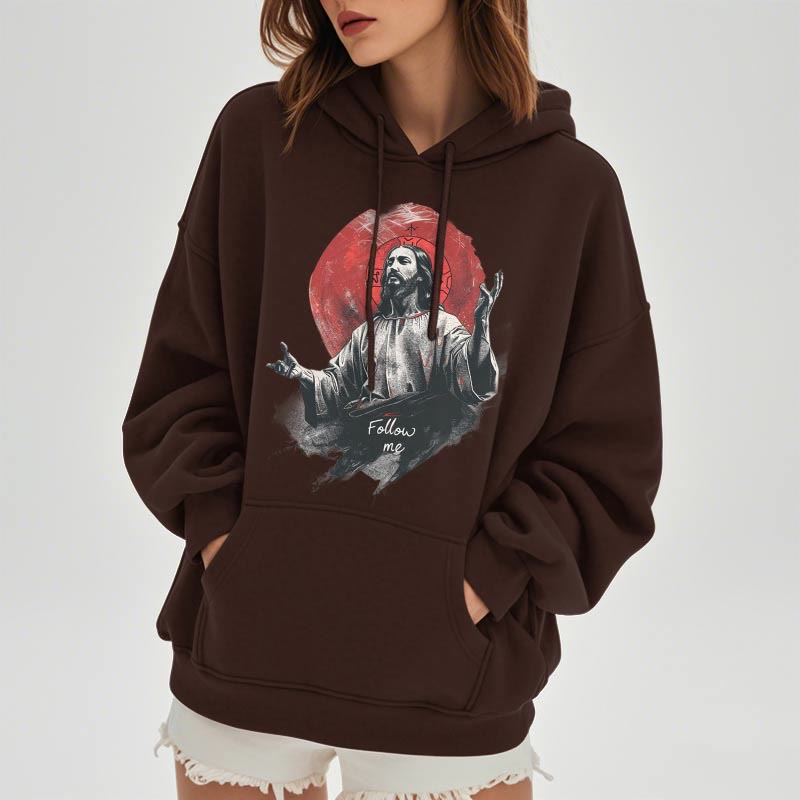 Christianartworkshop Classic Style Jesus Halo Follow Me Fleece Lined Polyester Hoodie