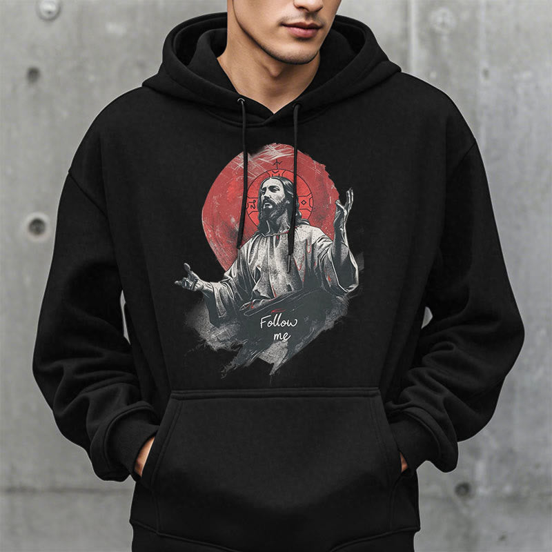 Christianartworkshop Classic Style Jesus Halo Follow Me Fleece Lined Polyester Hoodie