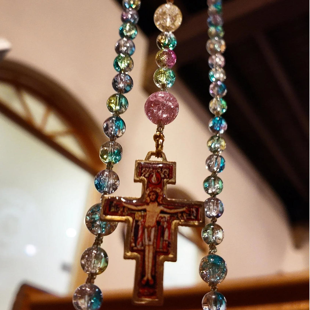 FREE Today: Miraculous Medal & San Damiano Cross of 8 mm Round Multicolor Glass Alloy Chain Rosary