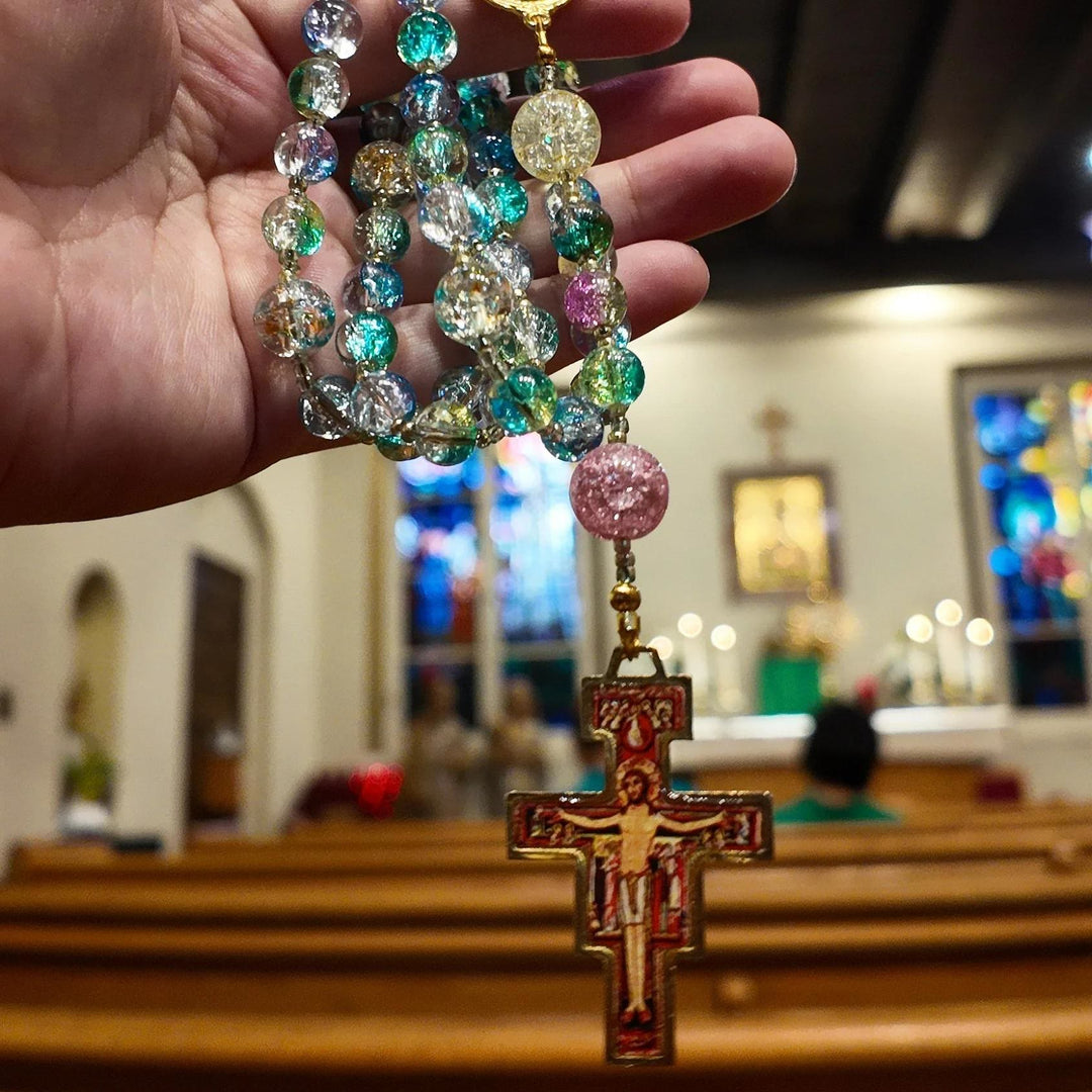 FREE Today: Miraculous Medal & San Damiano Cross of 8 mm Round Multicolor Glass Alloy Chain Rosary