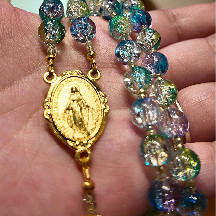 FREE Today: Miraculous Medal & San Damiano Cross of 8 mm Round Multicolor Glass Alloy Chain Rosary