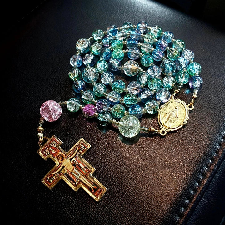 FREE Today: Miraculous Medal & San Damiano Cross of 8 mm Round Multicolor Glass Alloy Chain Rosary