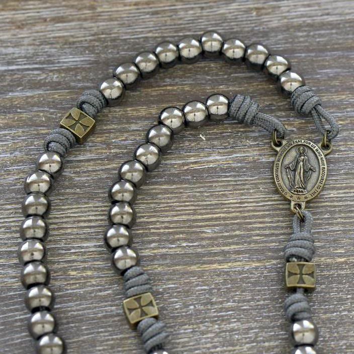 FREE Today: Miraculous Medal & Crucifix of 8 mm Round Silver Black Gallstone Nylon Cord Rosary