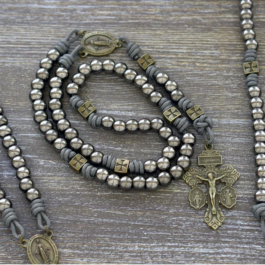 FREE Today: Miraculous Medal & Crucifix of 8 mm Round Silver Black Gallstone Nylon Cord Rosary