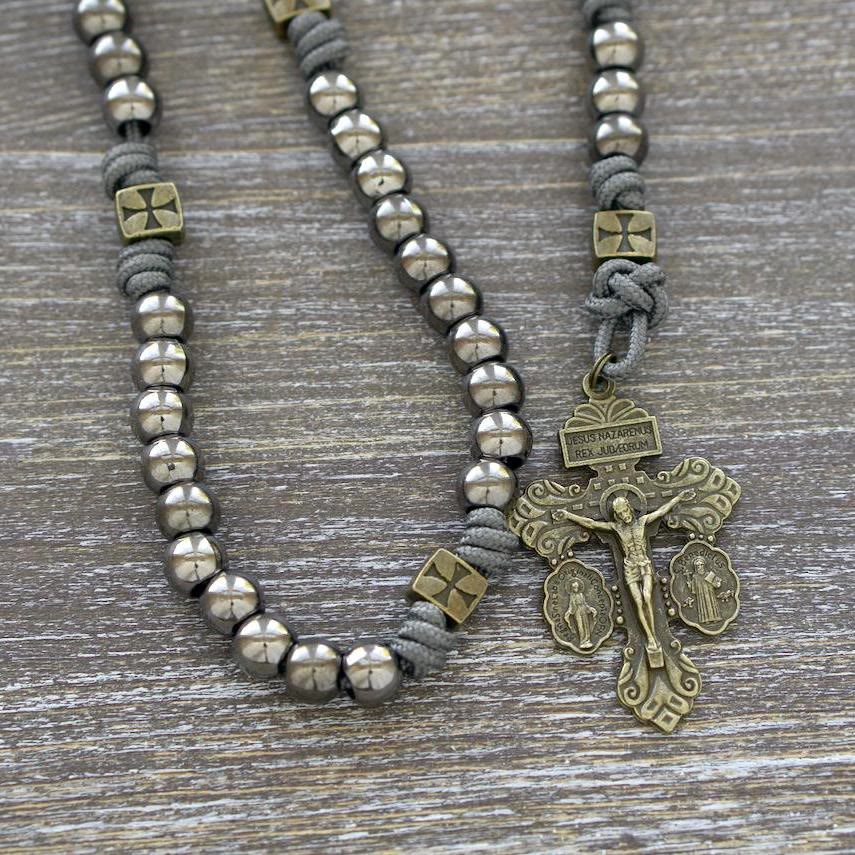 Miraculous Medal & Crucifix of 8 mm Round Silver Black Gallstone Nylon Cord Rosary