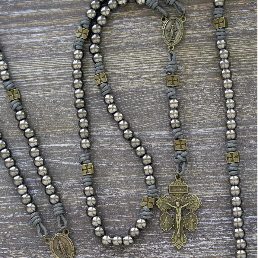 Miraculous Medal & Crucifix of 8 mm Round Silver Black Gallstone Nylon Cord Rosary