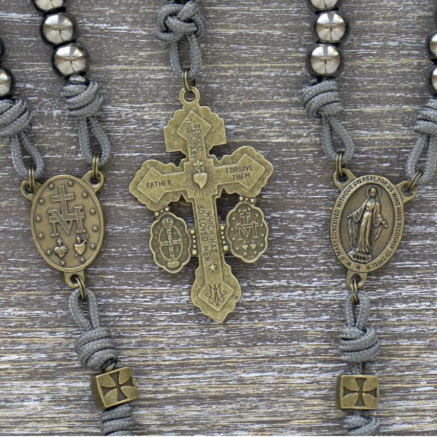 FREE Today: Miraculous Medal & Crucifix of 8 mm Round Silver Black Gallstone Nylon Cord Rosary