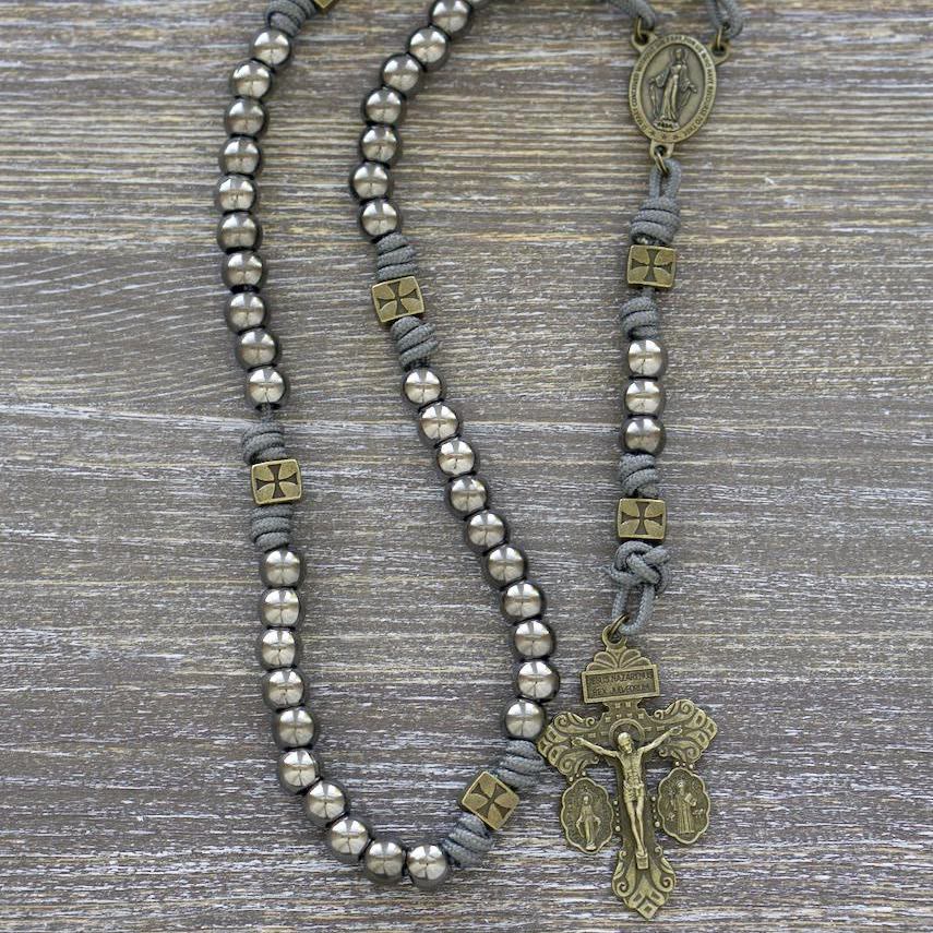 Miraculous Medal & Crucifix of 8 mm Round Silver Black Gallstone Nylon Cord Rosary