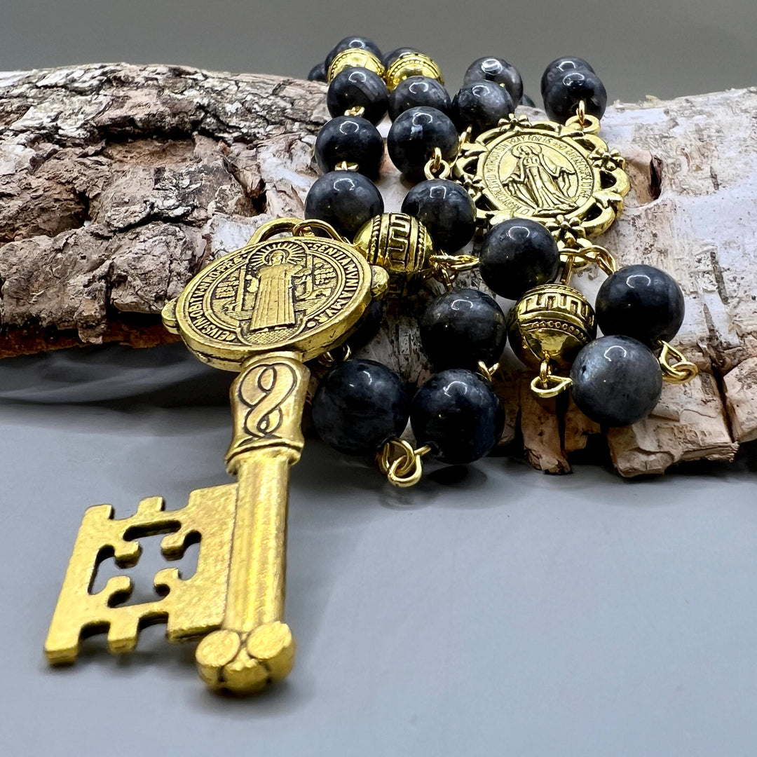 Miraculous Medal & Saint Benedict Key of 8 mm Round Black Stone Alloy Chain Rosary