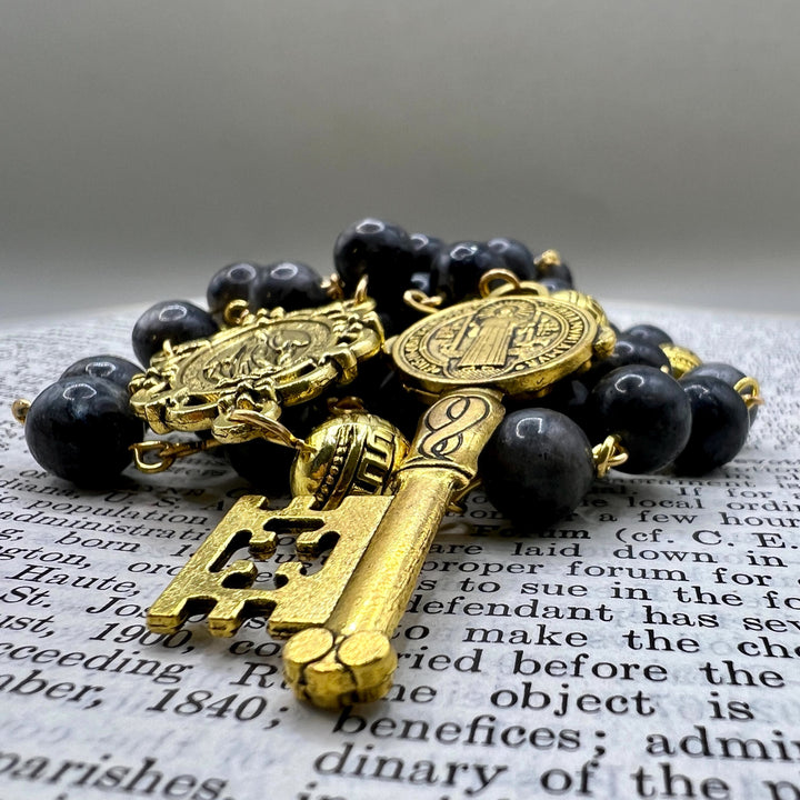 Miraculous Medal & Saint Benedict Key of 8 mm Round Black Stone Alloy Chain Rosary