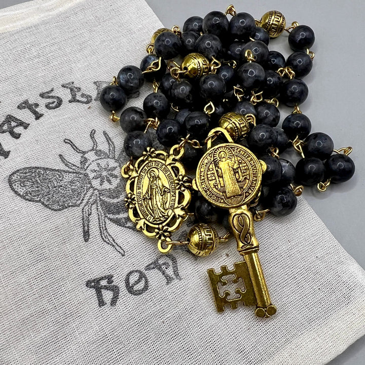 Miraculous Medal & Saint Benedict Key of 8 mm Round Black Stone Alloy Chain Rosary