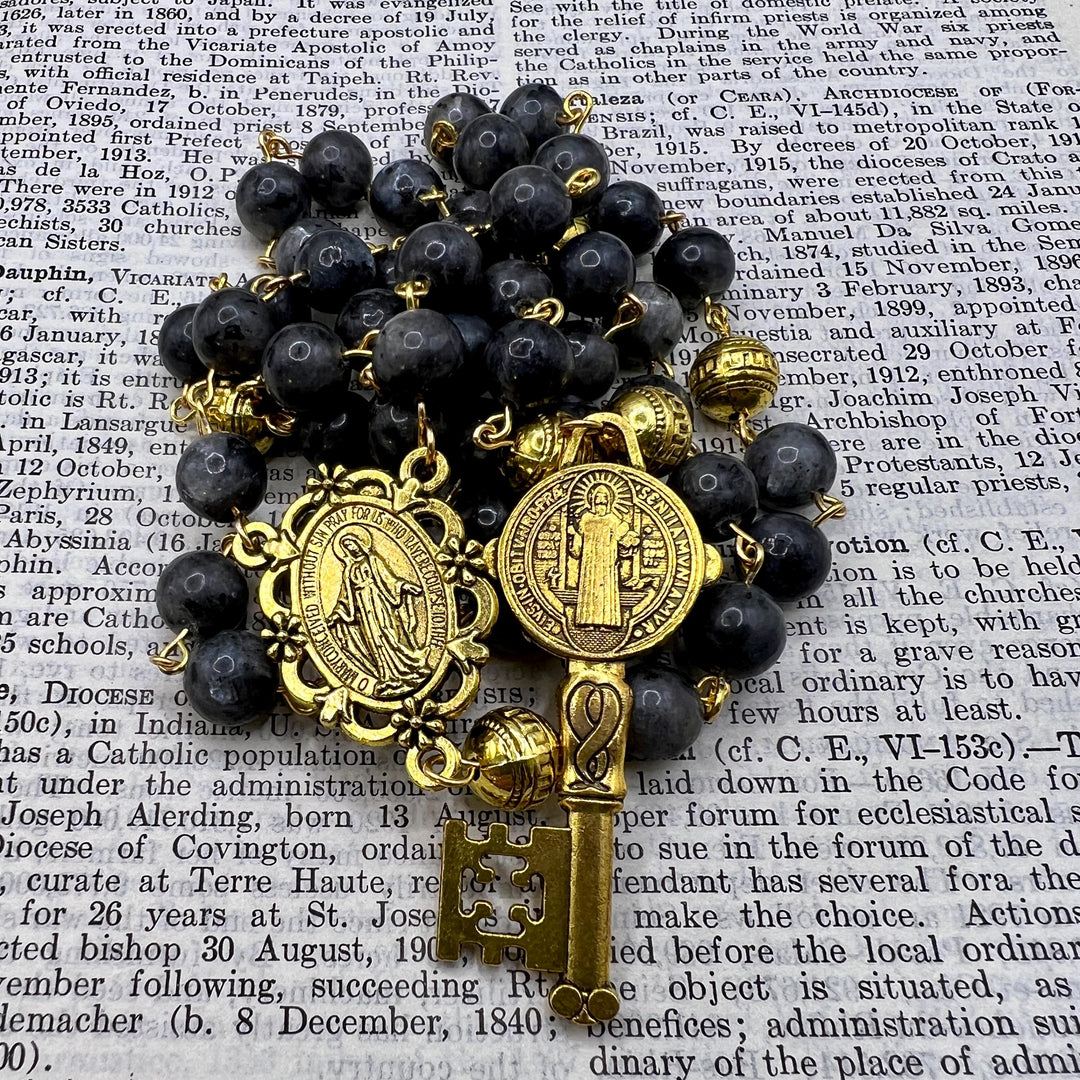 Miraculous Medal & Saint Benedict Key of 8 mm Round Black Stone Alloy Chain Rosary