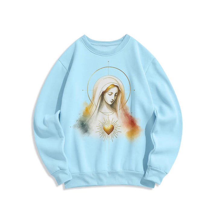 Christianartworkshop Modern Style Halo Sacred Heart Virgin Mary Fleece Lined Polyester Sweatshirt