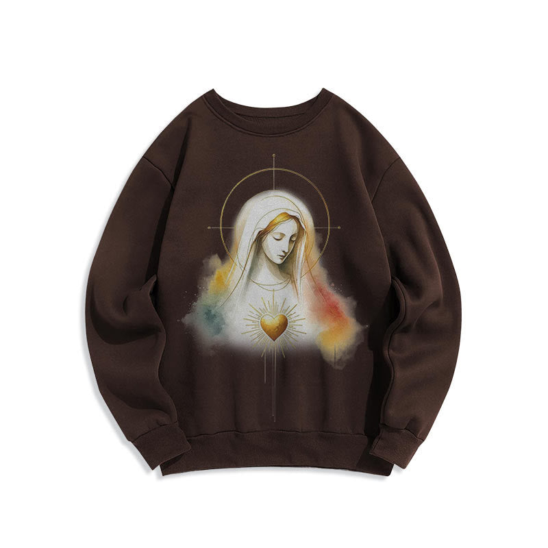 Christianartworkshop Modern Style Halo Sacred Heart Virgin Mary Fleece Lined Polyester Sweatshirt