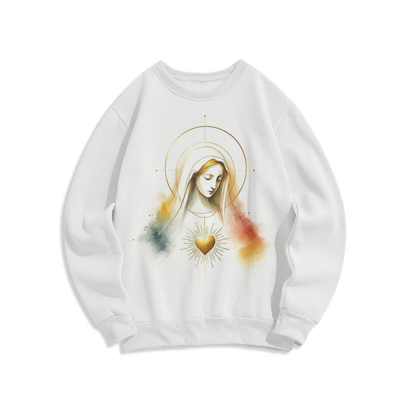 Christianartworkshop Modern Style Halo Sacred Heart Virgin Mary Fleece Lined Polyester Sweatshirt