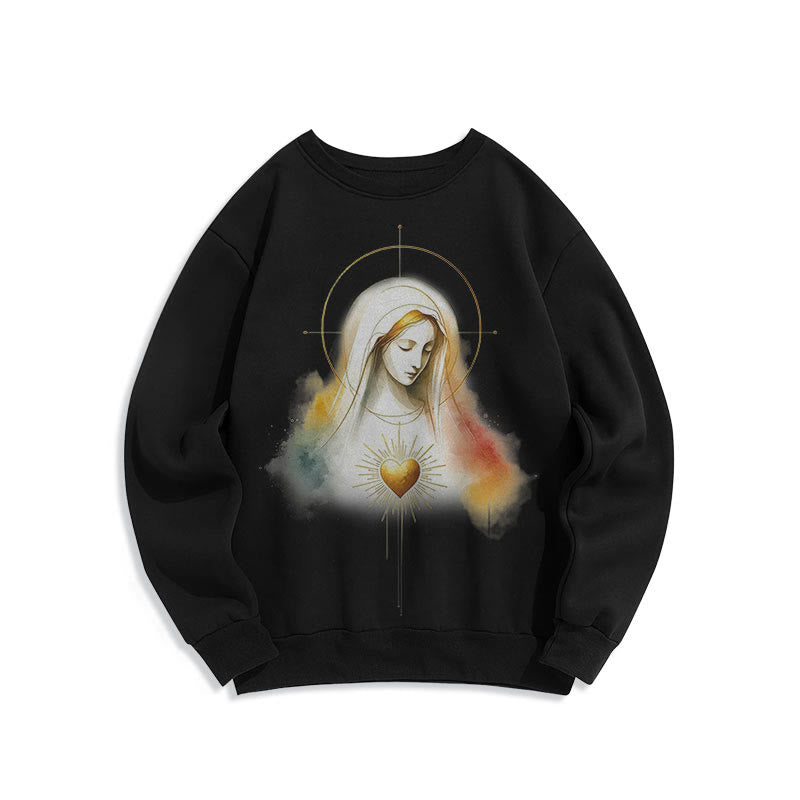 Christianartworkshop Modern Style Halo Sacred Heart Virgin Mary Fleece Lined Polyester Sweatshirt