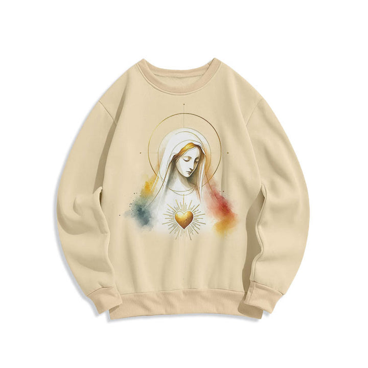 Christianartworkshop Modern Style Halo Sacred Heart Virgin Mary Fleece Lined Polyester Sweatshirt