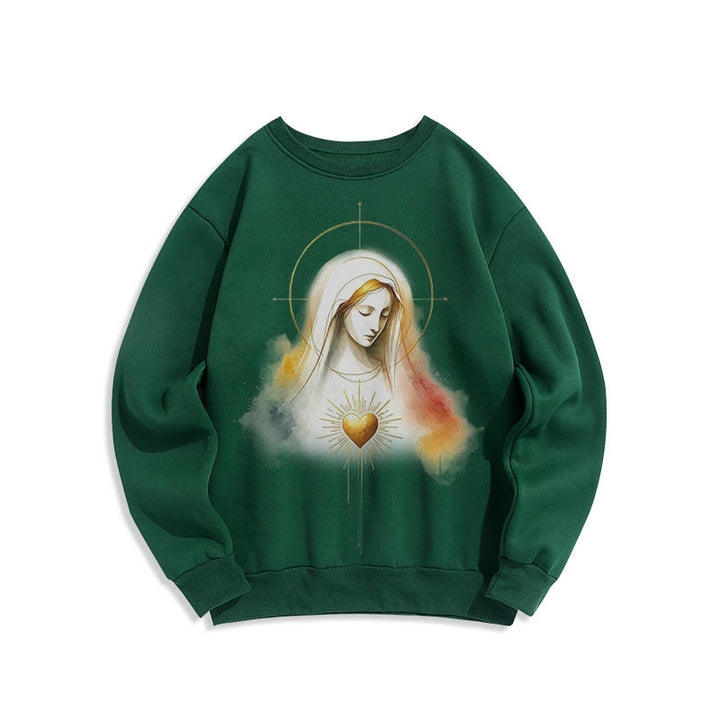 Christianartworkshop Modern Style Halo Sacred Heart Virgin Mary Fleece Lined Polyester Sweatshirt