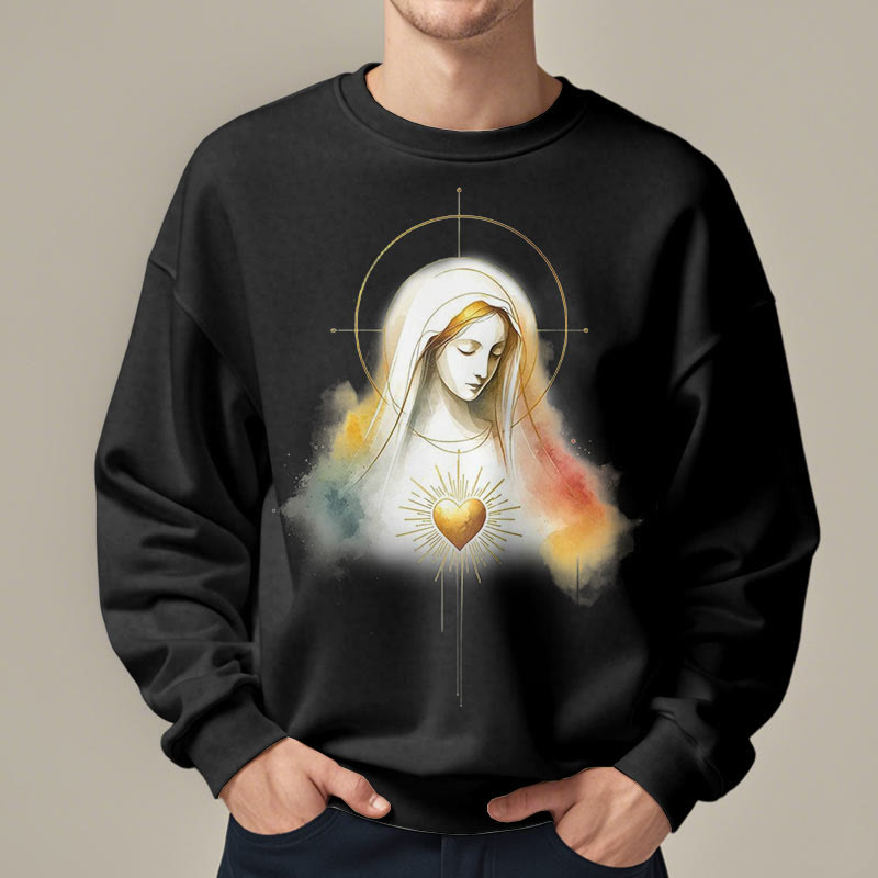 Christianartworkshop Modern Style Halo Sacred Heart Virgin Mary Fleece Lined Polyester Sweatshirt