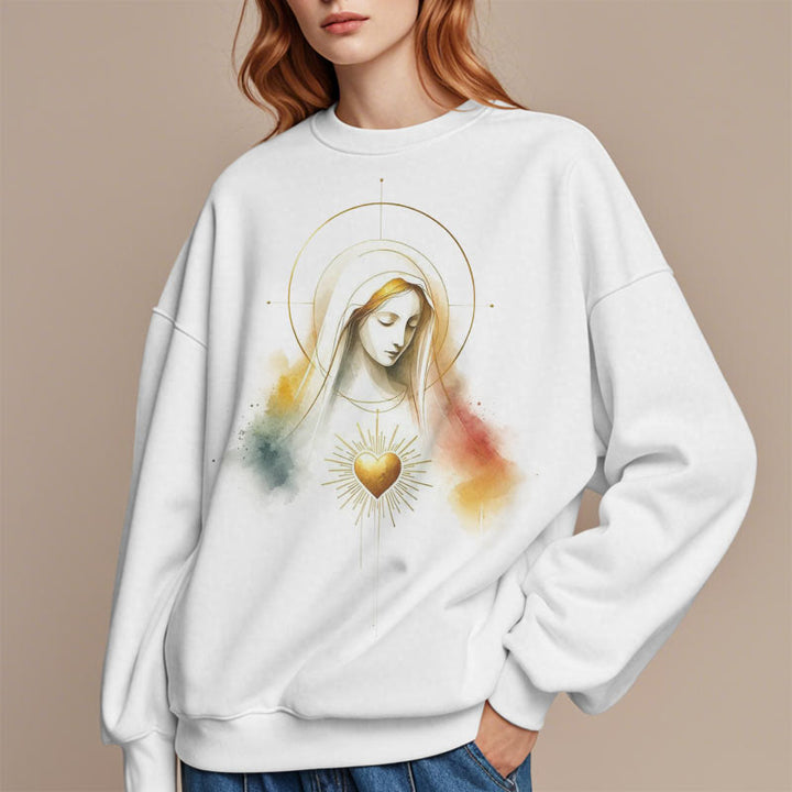 Christianartworkshop Modern Style Halo Sacred Heart Virgin Mary Fleece Lined Polyester Sweatshirt