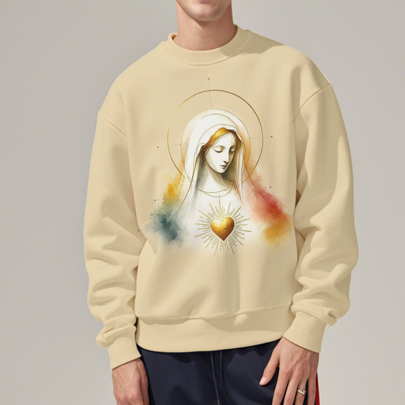 Christianartworkshop Modern Style Halo Sacred Heart Virgin Mary Fleece Lined Polyester Sweatshirt