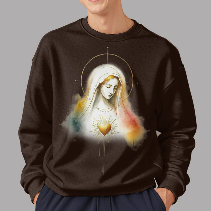 Christianartworkshop Modern Style Halo Sacred Heart Virgin Mary Fleece Lined Polyester Sweatshirt