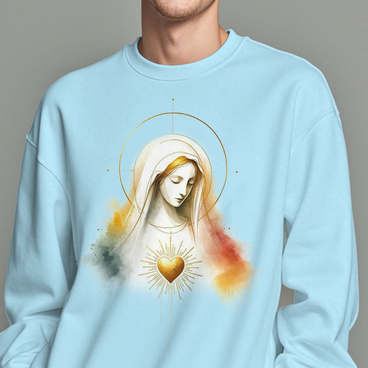 Christianartworkshop Modern Style Halo Sacred Heart Virgin Mary Fleece Lined Polyester Sweatshirt