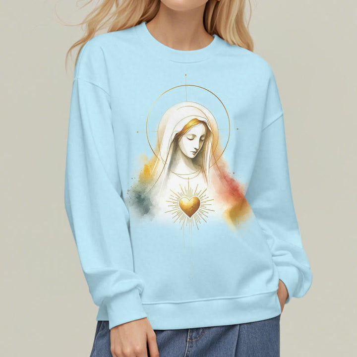 Christianartworkshop Modern Style Halo Sacred Heart Virgin Mary Fleece Lined Polyester Sweatshirt