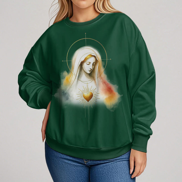 Christianartworkshop Modern Style Halo Sacred Heart Virgin Mary Fleece Lined Polyester Sweatshirt