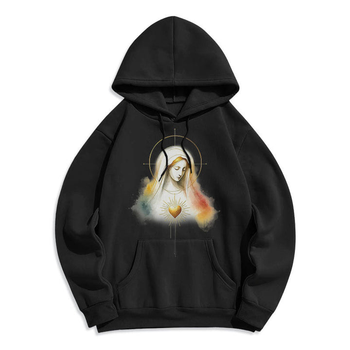 Christianartworkshop Modern Style Halo Sacred Heart Virgin Mary Fleece Lined Polyester Hoodie