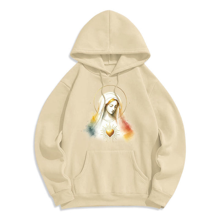 Christianartworkshop Modern Style Halo Sacred Heart Virgin Mary Fleece Lined Polyester Hoodie